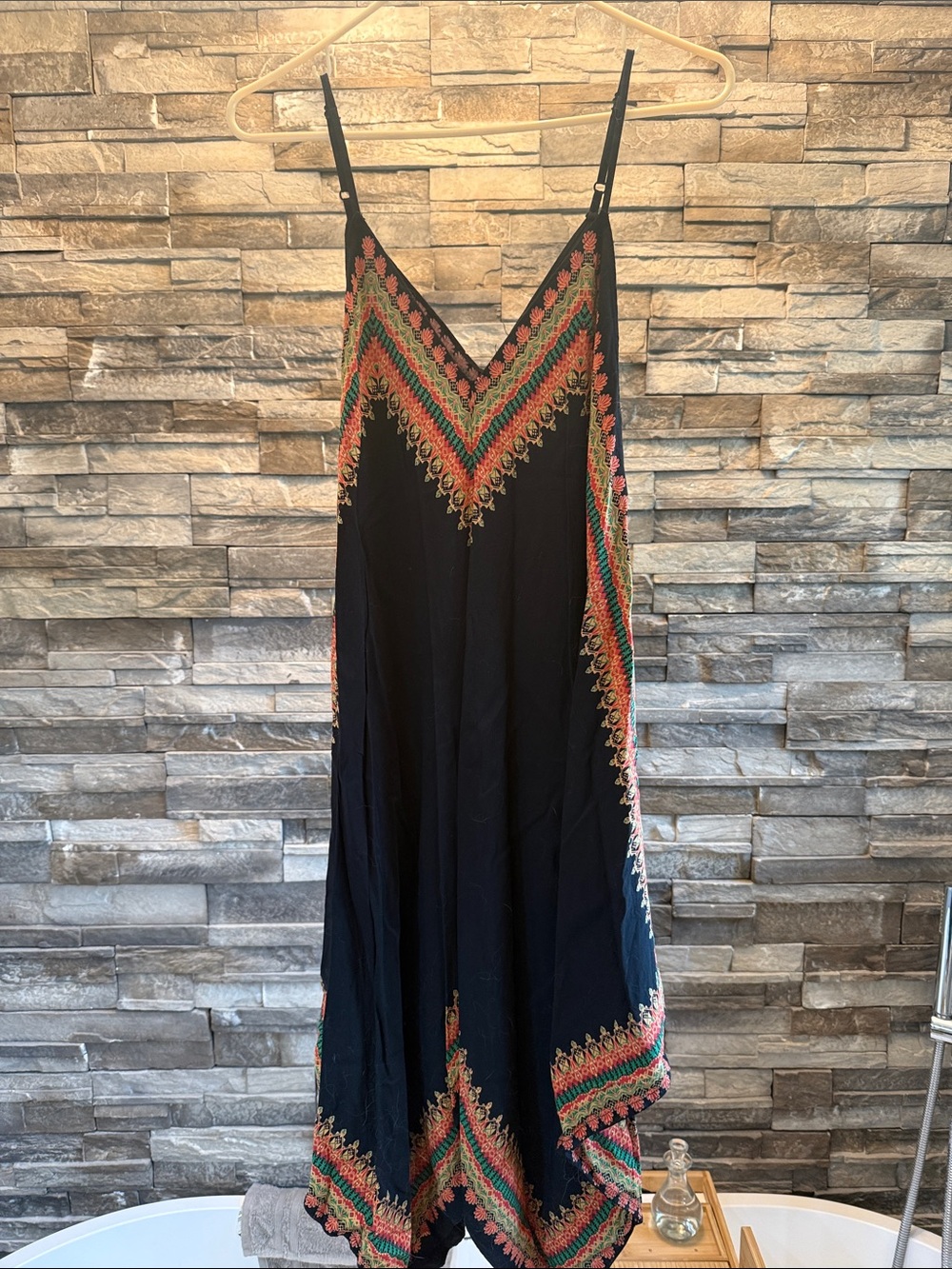 VENUS Black Maxi Dress with Multicolor Chevron Embroidery
